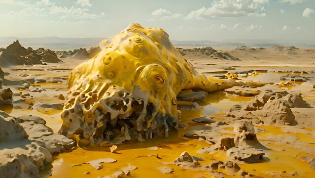 Alien-like yellow formation in desert landscape with Ai generated.

