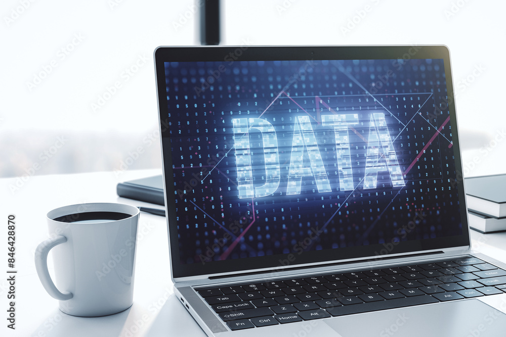 Poster creative data word sign on modern laptop screen. 3d rendering