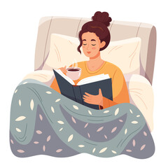 Young woman relaxing with book and cup of tea in bed. Person reading literature at home. Novel reader resting under blanket on weekend.  Flat vector illustration isolated on white background