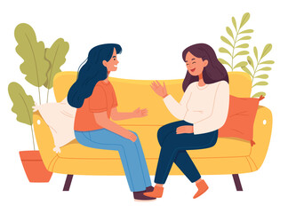 Cartoon vector illustration of Smiling woman friends. Happy female laughing and gossiping sit on comfortable couch. People spending time together having friendly conversation