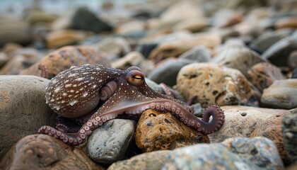 Exploring the Tide Pools: Encounter with an Octopus on Coastal Rocks