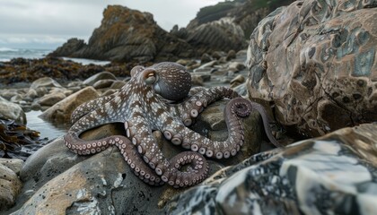 Fototapeta premium Exploring the Coastal Edge: An Octopus (Octopus vulgaris) Encounter - ar 7:4