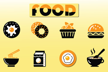 Food and drinks icon set. Seafood, pasta, soup, bread, egg, cake, sweets, fruits, vegetables, drinks, pizza, fish and more flat icon