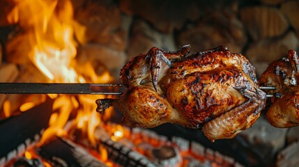 Mouth-watering rotisserie chicken over an open fire, close-up showing the crispy skin and sizzling juices, perfectly roasted