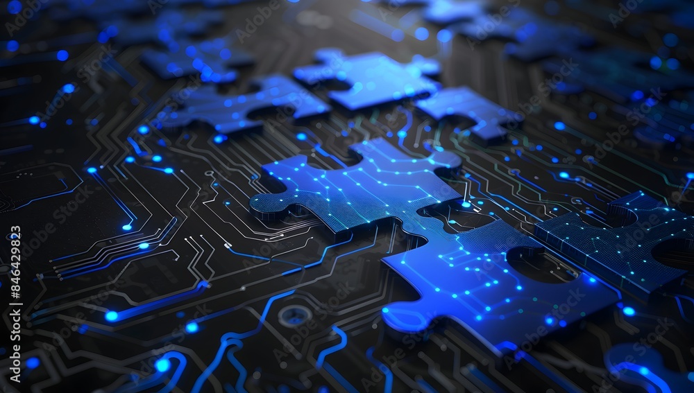 Poster 3d rendering of blue glowing puzzle pieces fitting together on a black background with digital circu