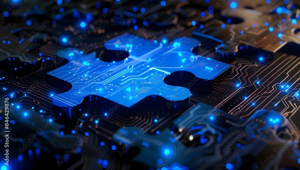 Poster 3d rendering of blue glowing puzzle pieces fitting together on a black background with digital circu