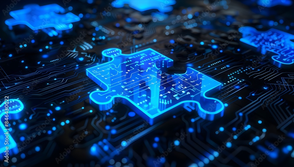 Poster 3d rendering of blue glowing puzzle pieces fitting together on a black background with digital circu
