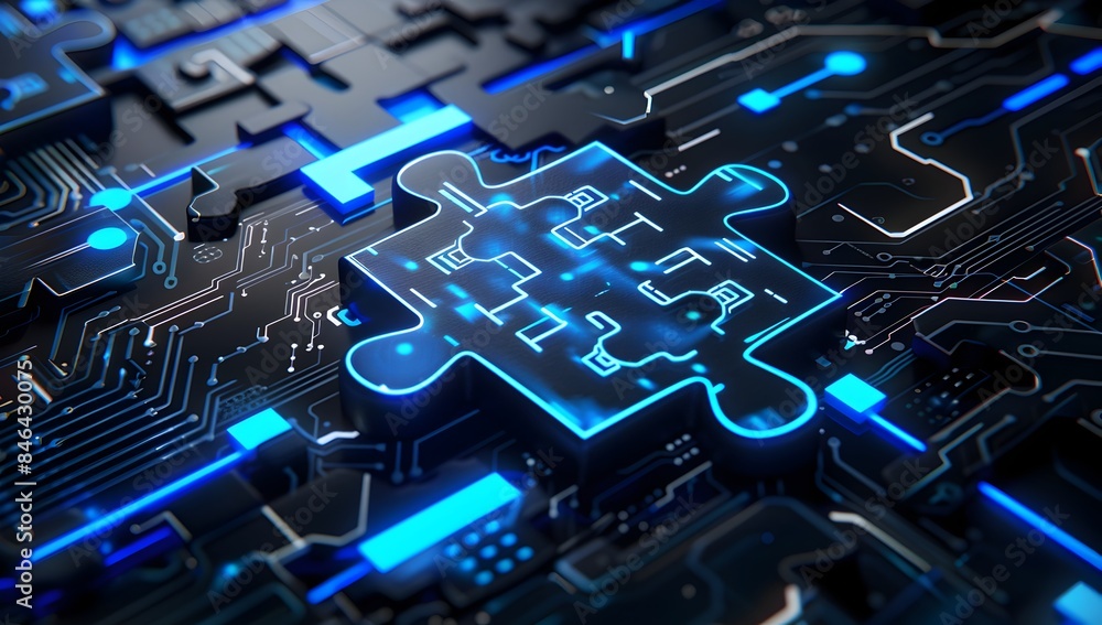 Poster 3d rendering of blue glowing puzzle pieces fitting together on a black background with digital circu
