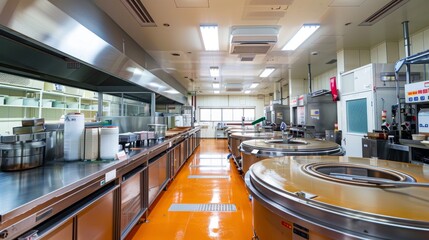 Modern soy sauce factory with automated robots, efficient production line, Asian culinary heritage, clean and safe operations