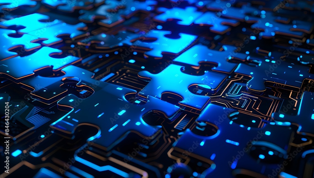 Poster 3d rendering of blue glowing puzzle pieces fitting together on a black background with digital circu