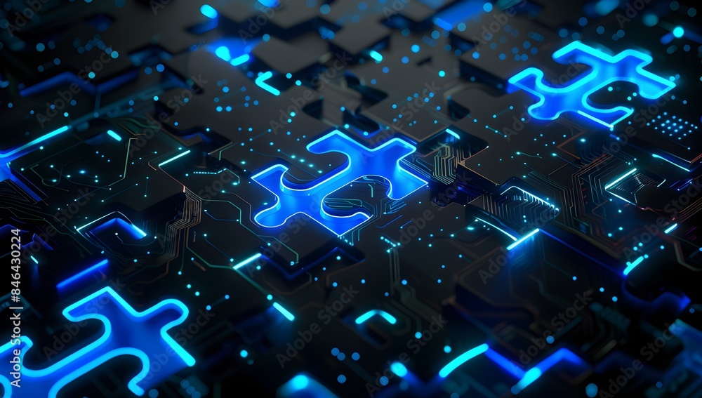 Poster 3d rendering of blue glowing puzzle pieces fitting together on a black background with digital circu