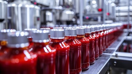 Fototapeta premium Modern factory with automated robotic systems making Hollandaise sauce, clean production line, high-tech and hygienic atmosphere