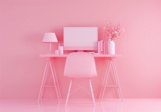 A pastel pink desk with a chair and computer, a 3D rendered illustration in simple shapes in a minimalistic