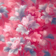 Elegant Pink Floral Pattern with Detailed Peonies and Leaves, Vintage Botanical Design