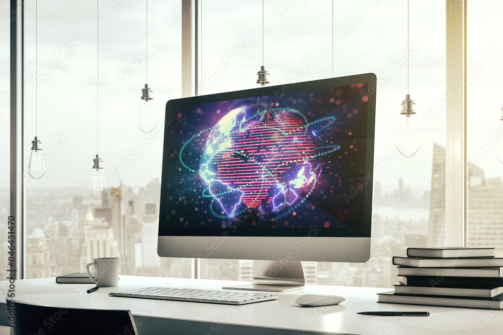 Leinwandbilder abstract digital world map with connections on modern computer monitor, big data and blockchain conc