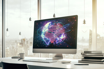 Abstract digital world map with connections on modern computer monitor, big data and blockchain concept. 3D Rendering