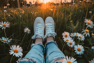 A person wearing jeans and white sneakers is lying on the grass in front of flowers