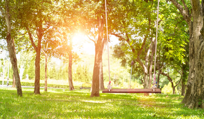 Naklejka premium Empty wooden swing hanging in the green park in spring over blur background.