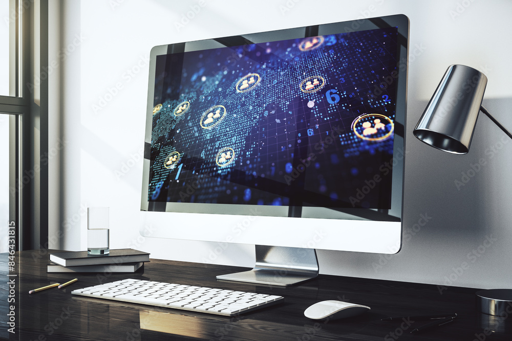Aufkleber Modern computer monitor with social network icons concept with world map. Marketing and promotion concept. 3D Rendering