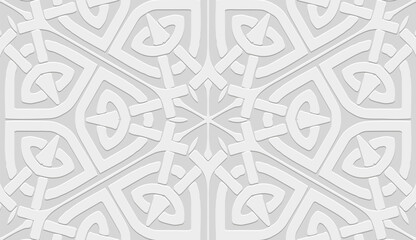 Embossed white background, tribal cover design. Geometric abstract 3D pattern, business card. Ethnic ornaments, handmade, boho motifs of the East, Asia, India, Mexico, Aztec, Peru.