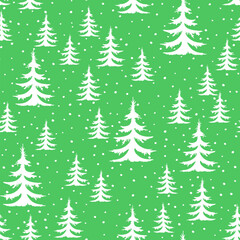 Cute green winter forest Scandinavian seamless pattern. Vector monochrome New Year print, Christmas tree background, frozen spruce texture with fir tree for fabric, decor, textile, gift wrapping paper