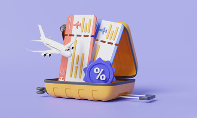 Open suitcase with airplane, tickets and discount percentage. ticket discount travel, booking ticket, Travel deals, Air travel discounts, Summer sale. Discount coupons. 3d minimal render illustration