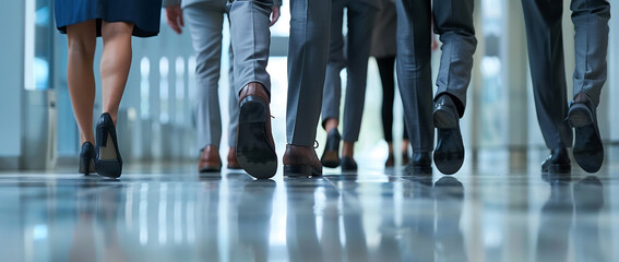 1 group of business people walking side side wearing suit shoe black sol closeup shot behind background interior office building captured style of high resolution photography focus their leg sharp