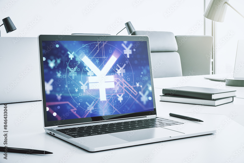Poster creative japanese yen symbol illustration on modern computer monitor, forex and currency concept. 3d