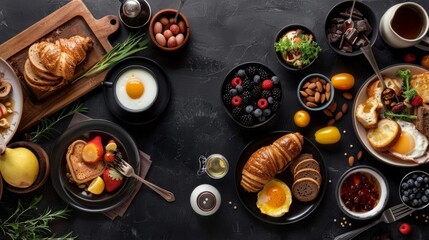A beautifully arranged breakfast selection displayed on a sleek black surface, featuring a variety of delicious and visually appealing dishes