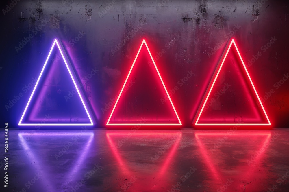 Poster neon triangular shapes with glowing lights, set against a dark background, creating a futuristic and