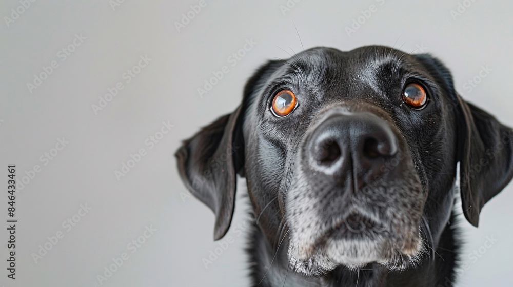 Poster a close-up portrait captures the inquisitive gaze of a dog as it curiously looks into the camera aga