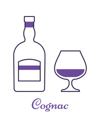Cognac bottle and glass thin line objects. Linear violet icons beverages isolated on white background. Outline alcoholic drinks with wineglasses in flat design. Vector illustration.