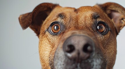 A close-up portrait captures the inquisitive gaze of a dog as it curiously looks into the camera against a clean white background. With ample copy space, this image is perfect for conveying messages
