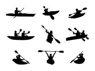 Set of kayaking water sports Silhouette in various poses isolated on white background