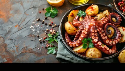 Delicious Baked Octopus and Potatoes Recipe: A Culinary Delight --ar 7:4