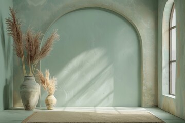 A photo of an arch shaped wall in the background, light green and blue tones