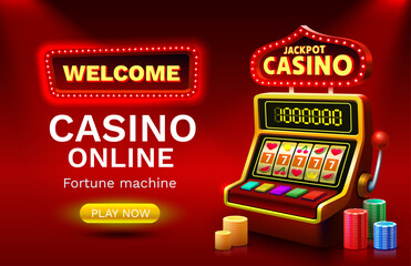 Casino 777 banner slots machine winner, jackpot fortune of luck. Vector illustration