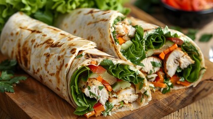 A delicious wrap with chicken, lettuce and vegetables cut into three pieces on the table. The photo shows the full view of the wrap cut into pieces.