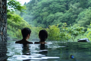 Fototapeta premium Tranquil Moment: Elegant Couple in Private Onsen Surrounded by Stone Walls on Deep Green Background