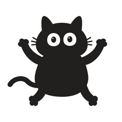 Black fat cat with big eyes. Screaming kitten. Cute cartoon funny kitten character falling down. Sticker print. Baby pet collection. Childish style. White background. Isolated. Flat design. Vector