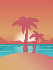 Background with sunset, palm trees and lake