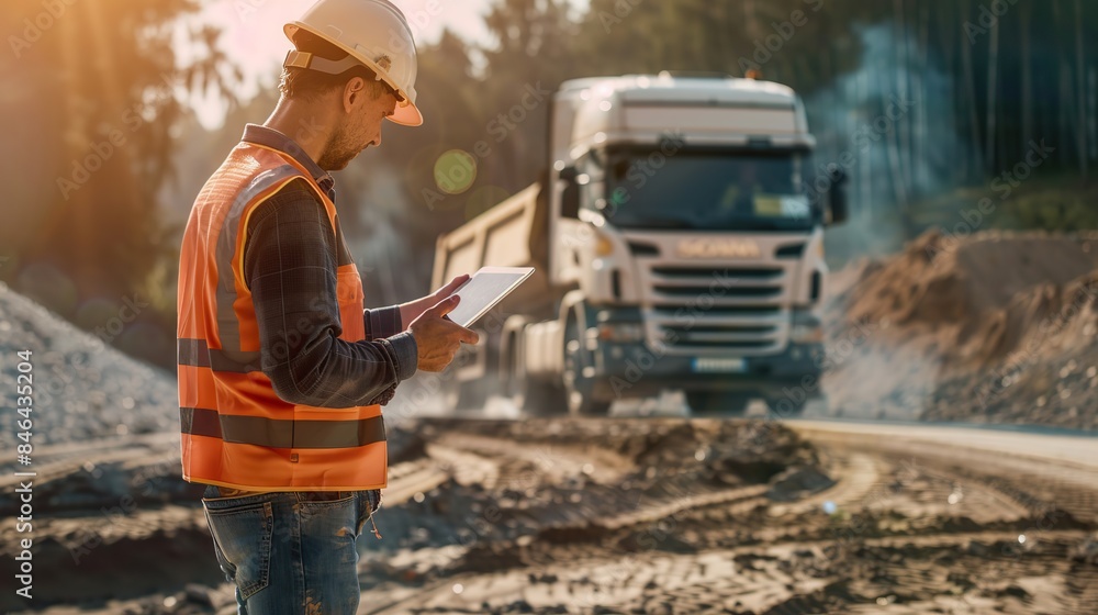 Poster construction worker checking data on tablet with a truck driving at the background. copy space for t