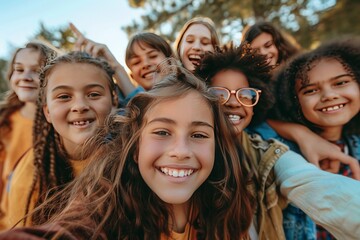 Obraz premium Group of cheerful schoolchildren having fun together, capturing the joy and camaraderie of childhood friendships