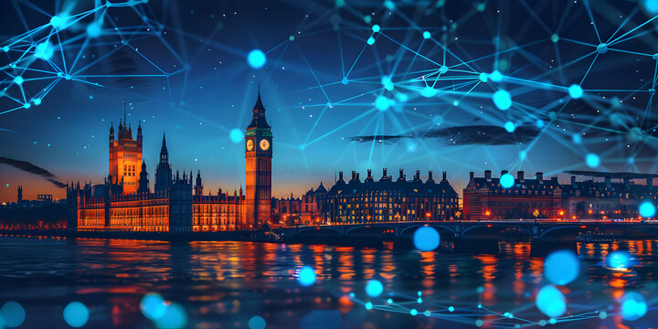England telecommunication and data transfer networks with global internet connectivity for communication technology. Includes IoT, finance, business, blockchain, and security