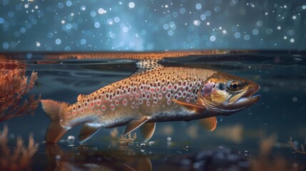Obraz premium Trout swimming close to the waterline in a calm lake, reflecting a starry blue sky, creating a tranquil and picturesque moment