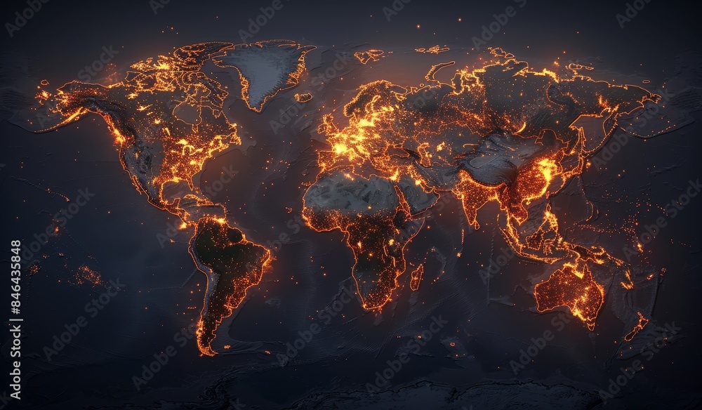 Poster glowing abstract world map with fiery orange and blue continents, showcasing a dynamic, energetic re