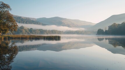 Peaceful morning scene with a tranquil lake mirroring the early light, mist gently drifting above the surface