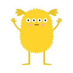 Cute monster standing. Happy Halloween. Yellow monsters silhouette icon. Four eyes, sad face, waving hands. Cartoon kawaii funny baby character. Childish style. Flat design. White background. Vector