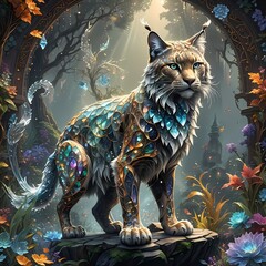 a digital painting of a cat in a forest, with flowers surrounding it
