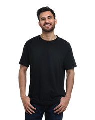 Fototapeta premium Smiling man in black t-shirt on white background
